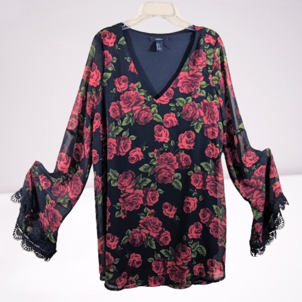 Forever 21 Mini Dress Red Rose Print Black Chiffon Gothic Boho Size Small